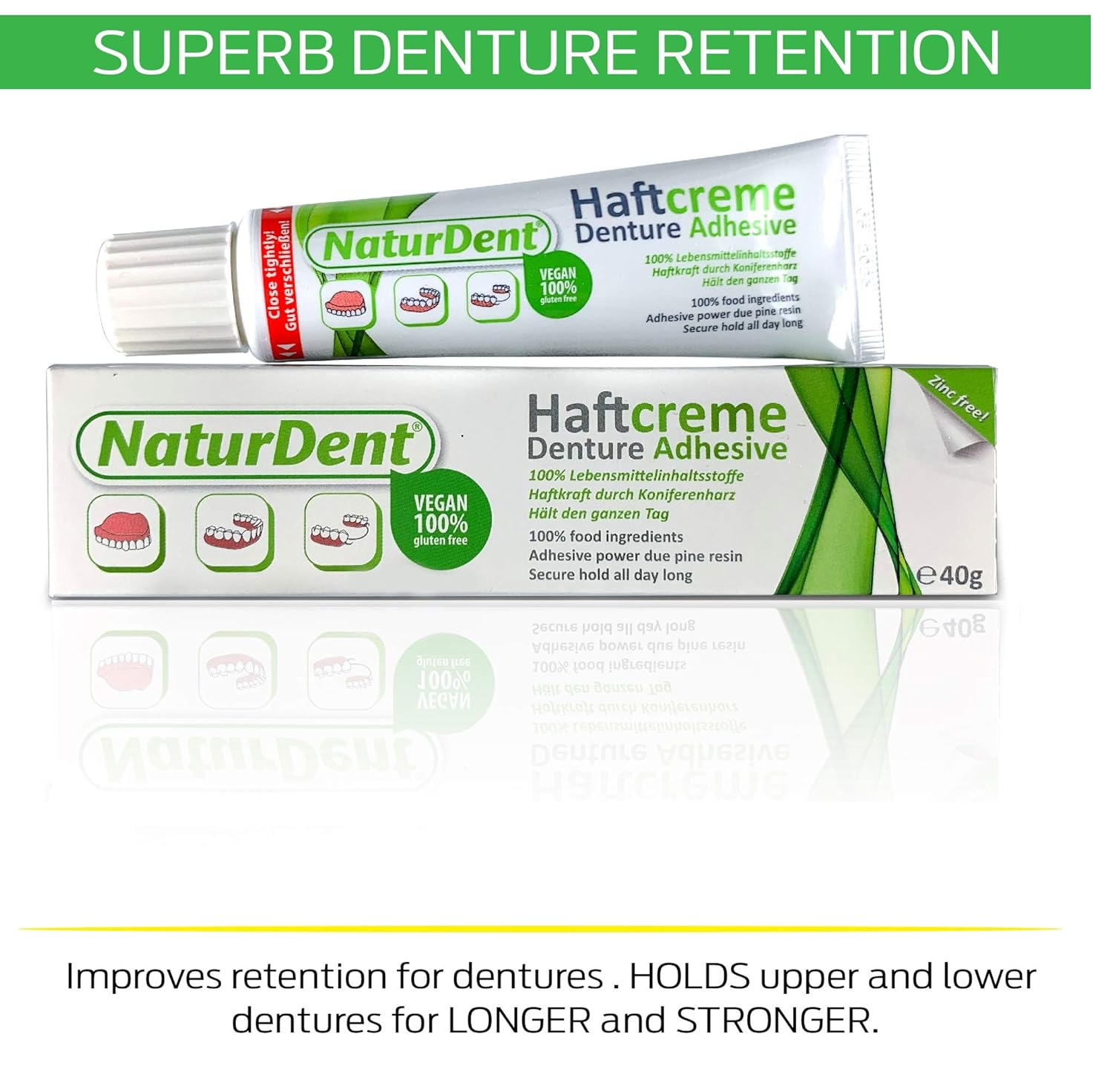 Natural Strong Waterproof Denture Adhesive | Holds Dentures Longer and Stronger | NO Yucky Taste NO Zinc NO Paraben | Smile and Eat with Confidence Great Present for Anyone with Full Partial Dentures : Beauty