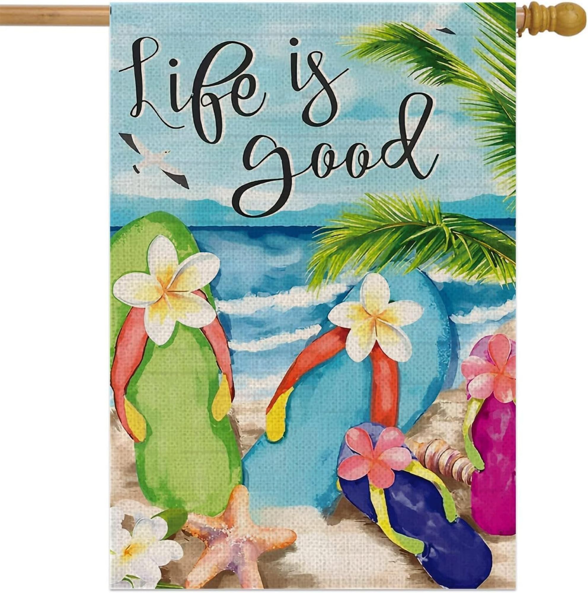 Photo 1 of 28x40 Inch Double Sided Summer Garden Flag - Flip Flops Summer Beach Life is good - Outside Garden Yard Decorations - Outdoor Decorative Banners Yard - Seasonal Outdoor Yard Flags of Burlap