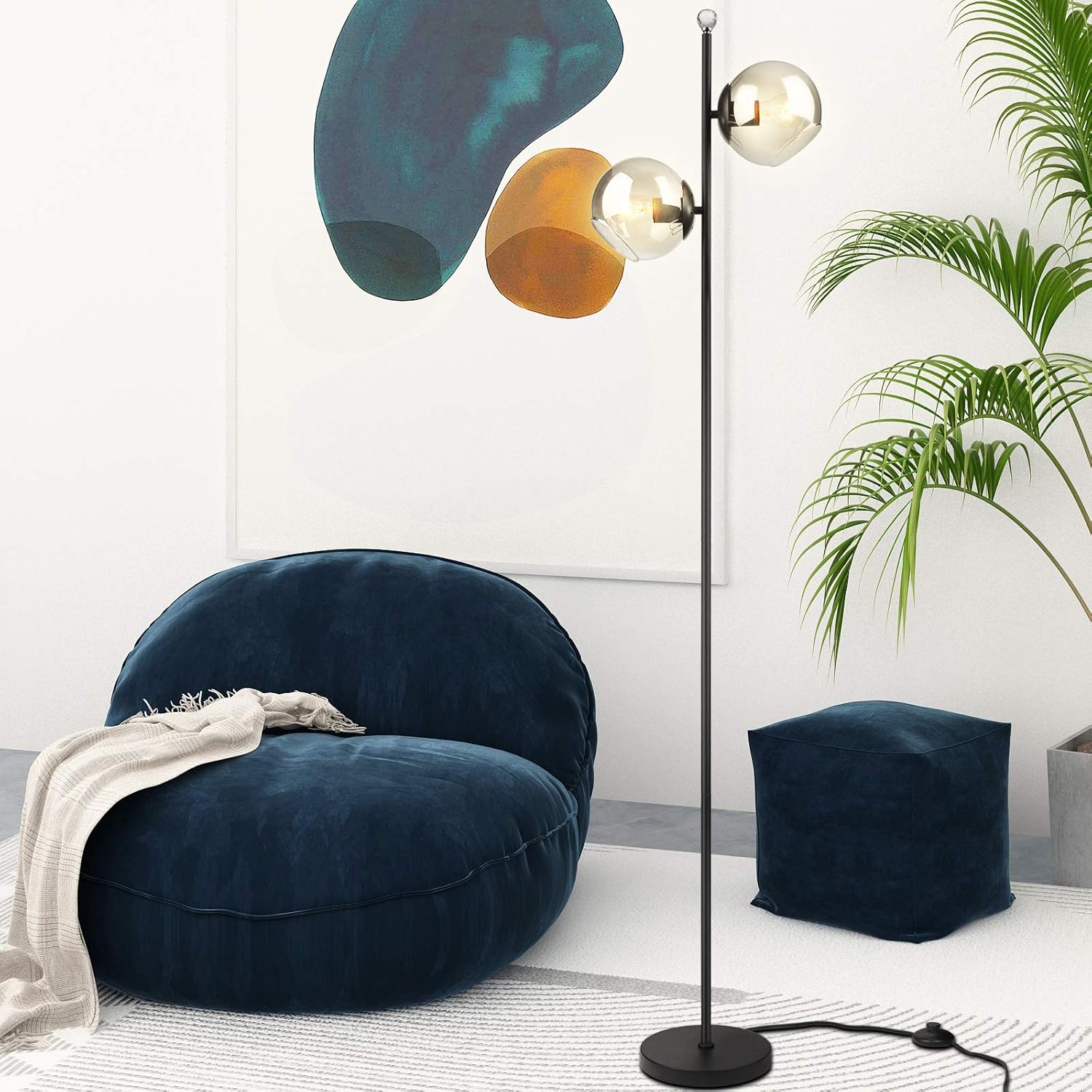 SILMOIRAN Contemporary Industrial 2 Globe Floor Lamp, Plug-in Cord with On-Off Switch, Modern Indoor Pole Light for Bedroom, Living Room, Study Room or Offices (Black Finish and Smoke Gray Glass Shade) - - 
