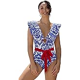 SPORLIKE Women One Piece Swimsuit V-Neck Ruffle Bathing Suit Padded Monokini