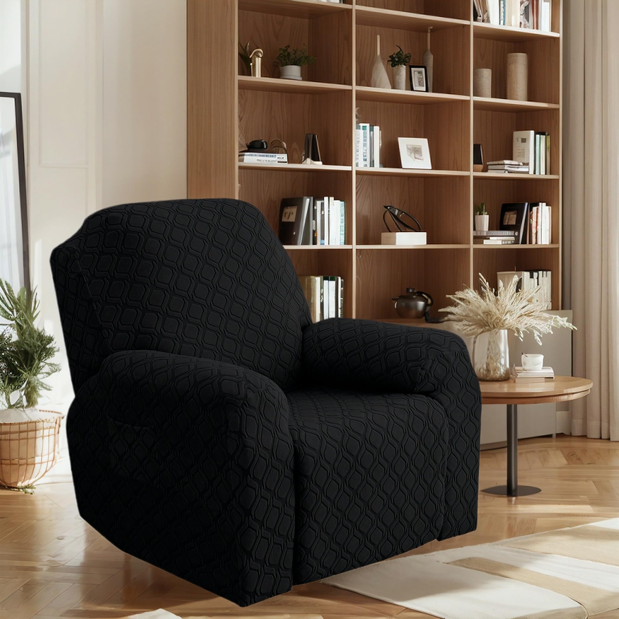 OKUYUK Recliner Chair Cover, 4-Pieces Stretch Recliner Covers for Recliner Chair Soft Reclining Chair Slipcover Furniture Protector for Dogs Cats (Black, 1 Seater)