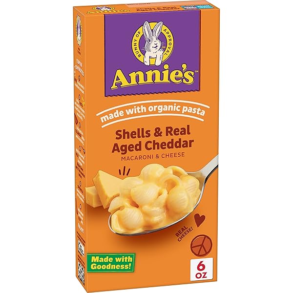 ANNIE’S SHELLS AND REAL AGED CHEDDAR, MADE WITH ORGANIC PASTA AND REAL CHEESE, 6 OZ
