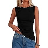 PRETTYGARDEN Womens Tank Top Spring 2026 Ruched Asymmetrical Going Out Top Slim Fit Sleeveless Shirts Summer Clothes