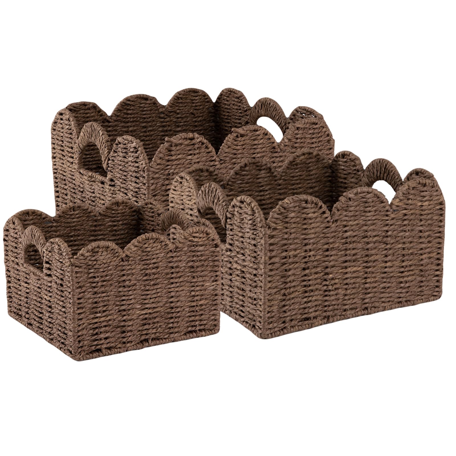 Photo 1 of OIAHOMY Scalloped Wicker Baskets, Hand-woven Storage Baskets with Built-in Handles, Paper Rope Shelf Baskets for Organizing and Decoration, Set of 3-Brown