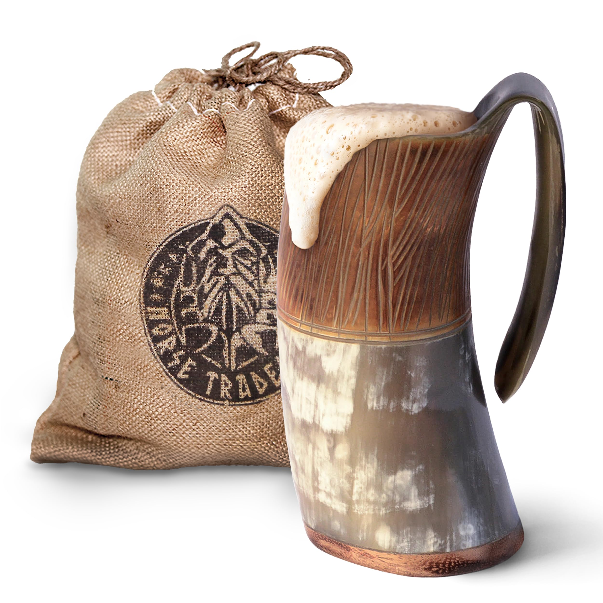 Norse Tradesman Genuine Viking Drinking Horn Mug - 500 ml Flame Treated Viking Beer Tankard with Super-Reinforced Hardwood Bottom | The Jarl, Large