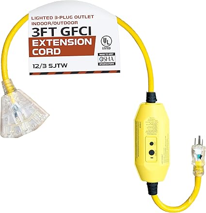3 Foot Lighted Outdoor Gfci Extension Cord With 3 Electrical Power Outlets 12 3 Sjtw Heavy Duty Yellow Pigtail Extension Cable With 3 Prong Grounded Plug For Safety Extension Cords Amazon Canada
