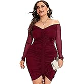 LAPA Women's Plus Size Sexy Dress, Off Shoulder Ruched Bodycon Mesh Long Sleeve Party Cocktail Dresses