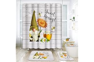 Subwest 4 Pcs Shower Curtain Set Gnome Cute Dwarf Elf Flower Jar Honey Bee Rustic White Wood Stripe Board with Non-Slip Rugs Toilet Lid Cover and Bath Mat Bathroom Decor Set 72 x 72 Inch