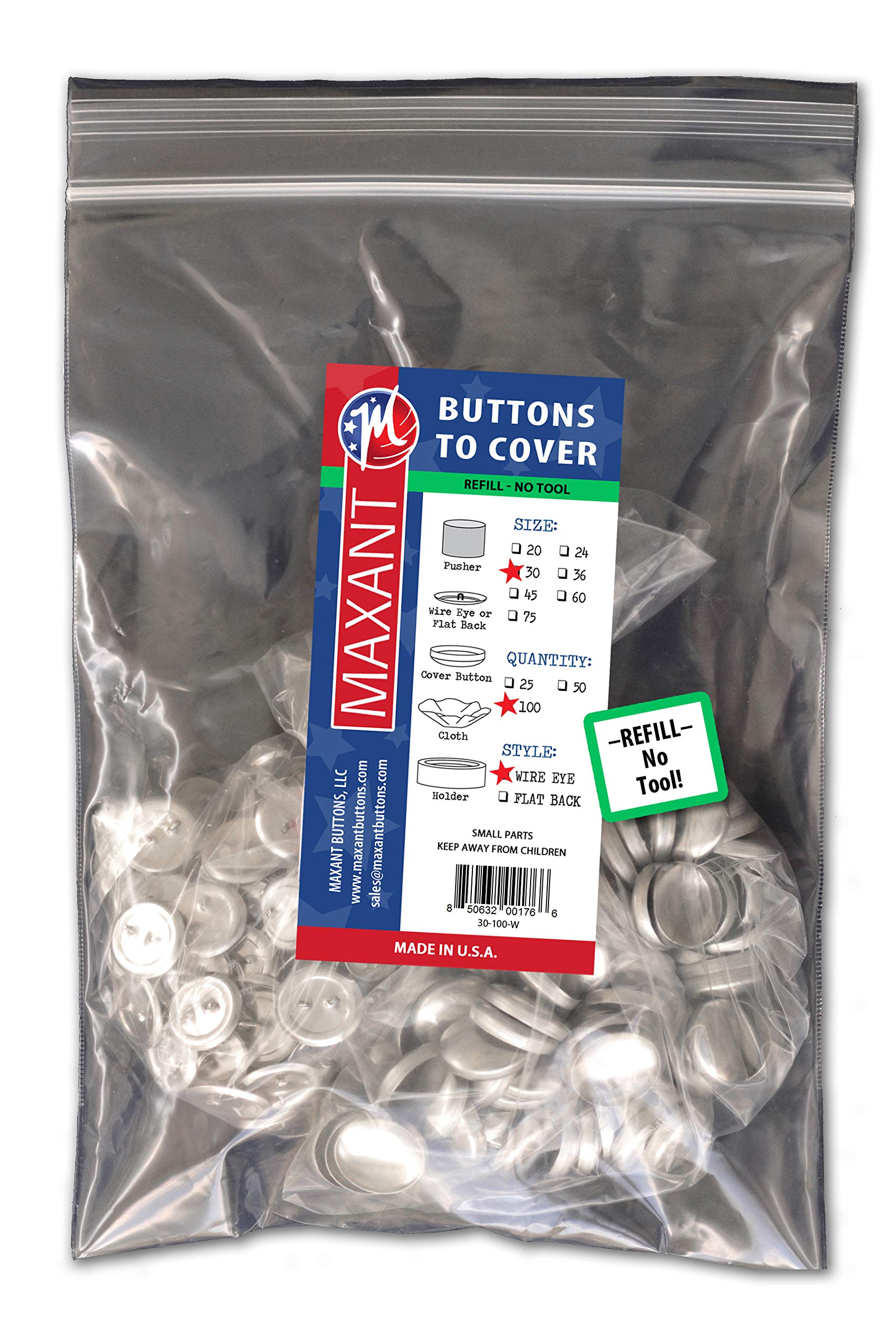 100 Buttons to Cover - Made in USA - Cover Buttons With Wire Eye Backs Size 36 (7/8")