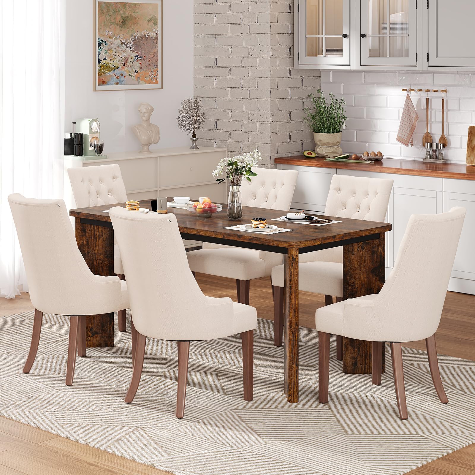 Photo 1 of **2 CHAIRS ONLY**MALOL 7-Piece Rectangular Dining Table Set for 6, 63" Industrial Kitchen Table with 6 Tufted Parsons Dinner Chairs for Dining Room, Kitchen, Living Room, Brown+Beige