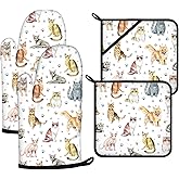 Cute Cats Oven Mitts and Pot Holders Sets 4Pcs,Extra Long Oven Gloves Potholder for Kitchen Cooking Baking BBQ 100% Cotton Heat Resistant