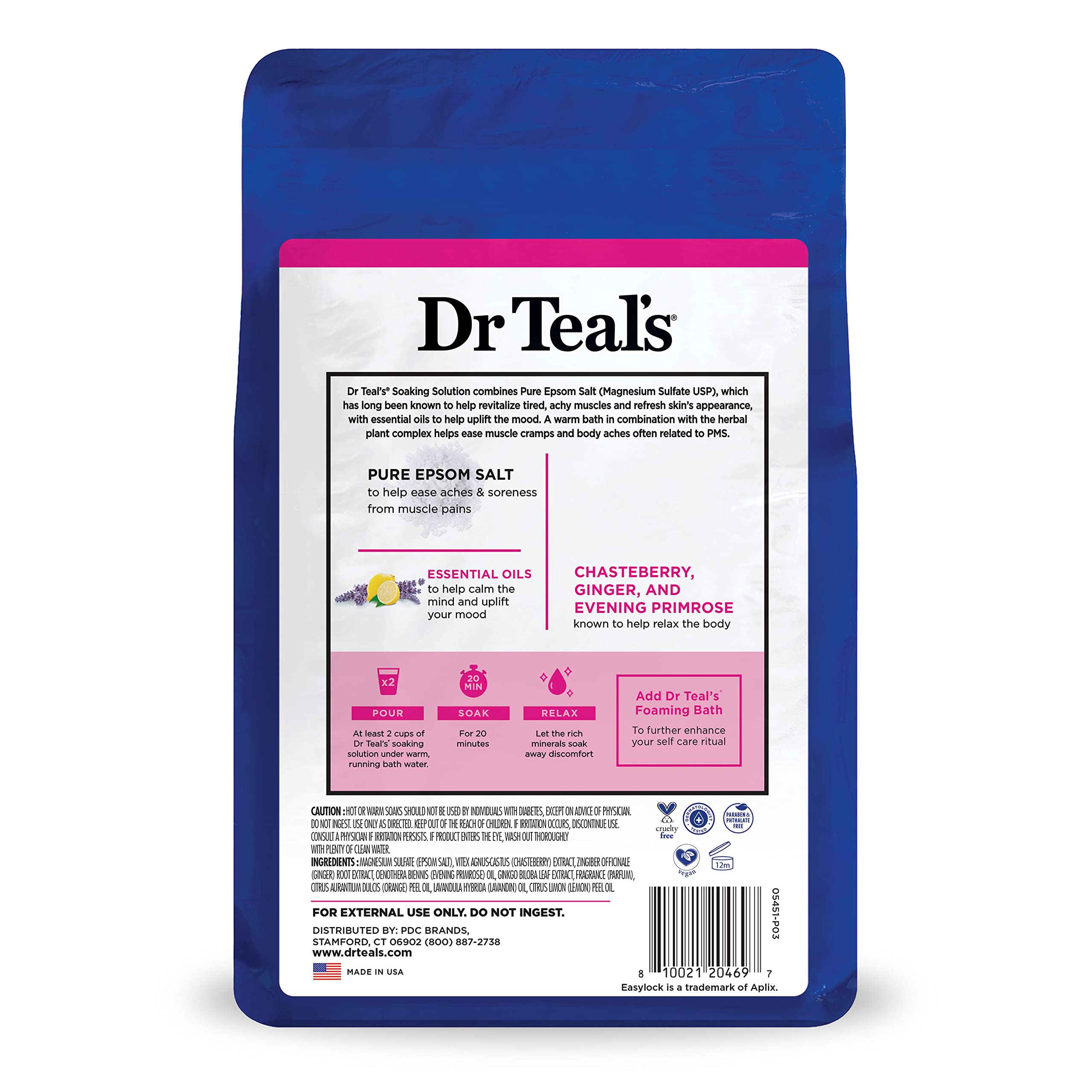 Dr Teal's Pure Epsom Magnesium Salt Soaking Solution, Menstrual Relief with Herbal Plant Complex & Essential Oils 3 lbs (Pack of 4)
