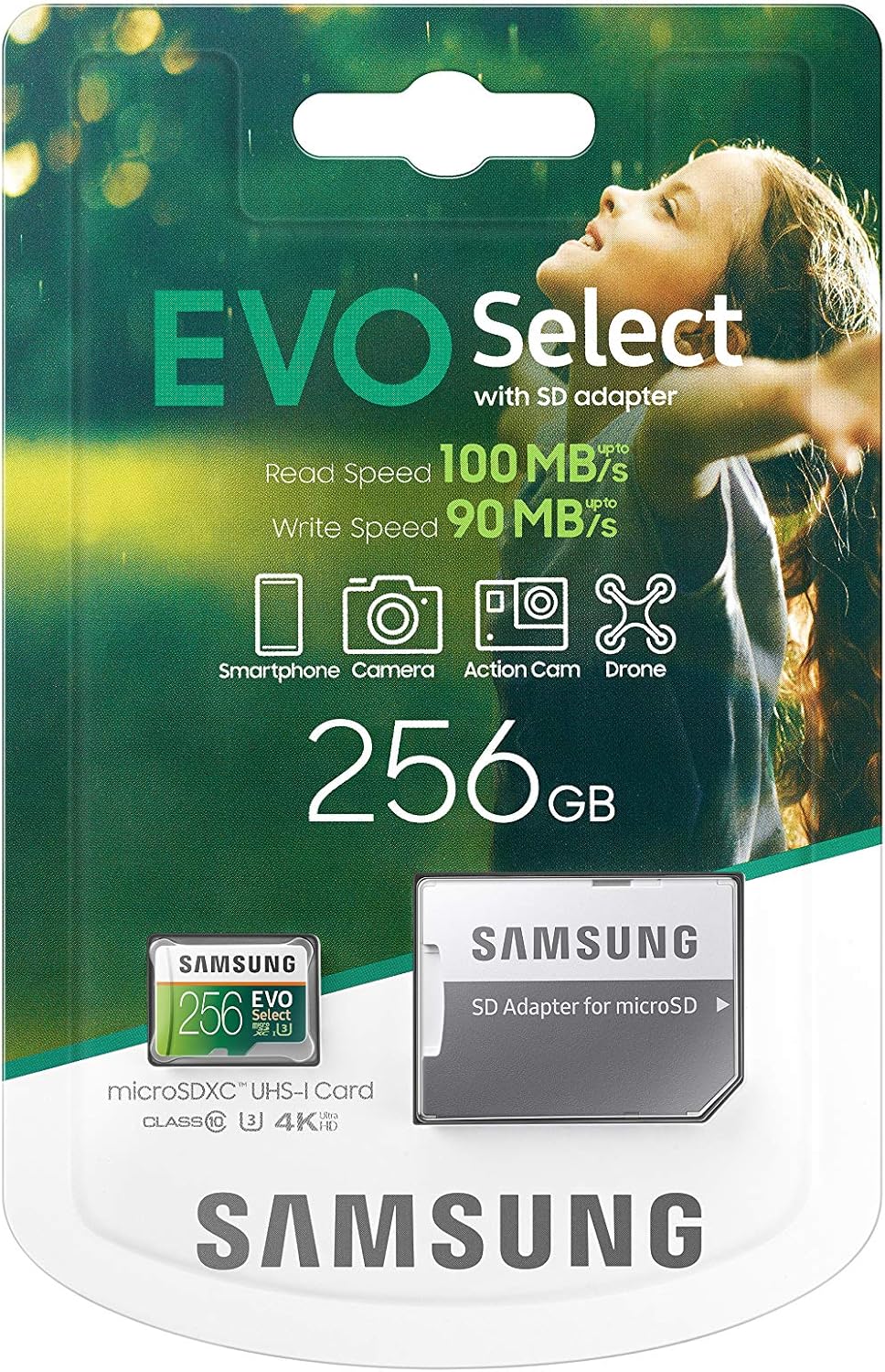 Samsung Electronics EVO Select 256GB microSDXC UHS-I U3 100MB/s Full HD & 4K UHD Memory Card with Adapter (MB-ME256HA): Computers & Accessories