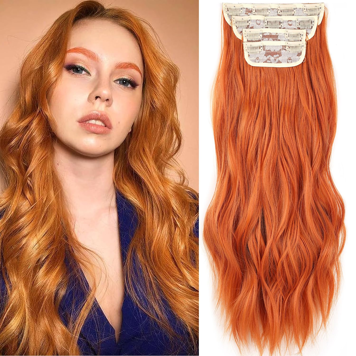 Xtrend 24Inch Auburn Clip in Hair Extensions - Synthetic Curly Wavy Pieces for Women Girls - 4PCS Full Head Set - Thick, Wavy Synthetic Orange Hair (350#) — image 1
