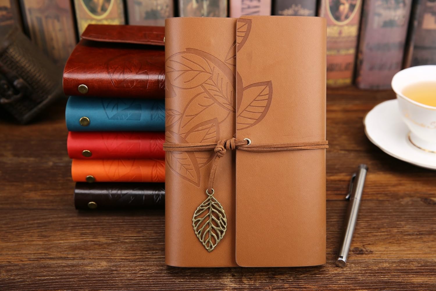 NectaRoy Vintage Retro PU Leather Cover Notebook Journal Diary, Leaf Pattern Spiral Blank String Daily Notepad, Kraft Paper - Image 4