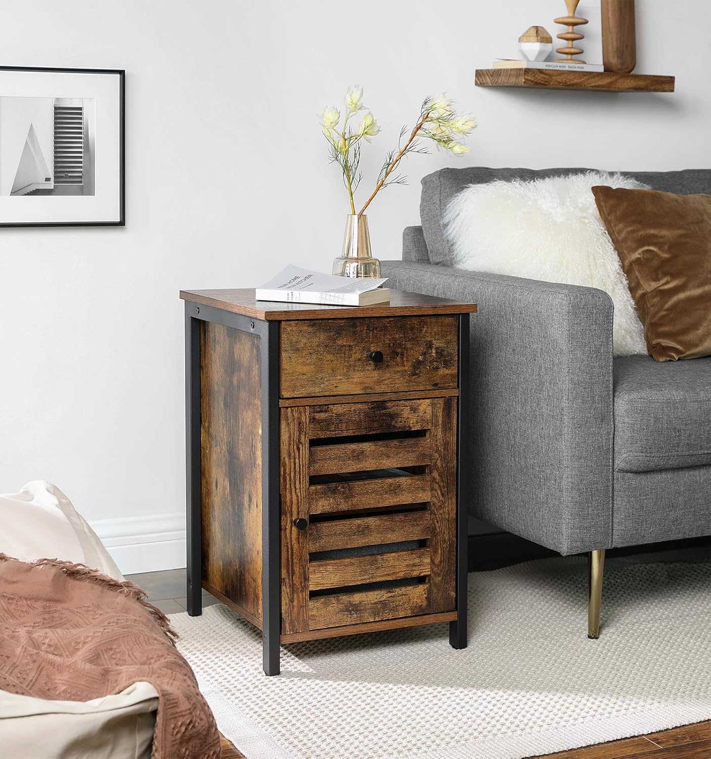 VASAGLE Nightstand, Side Table with Drawer, Shutter Door, End Table with Adjustable Shelf, Metal Frame, Industrial Style, Rustic Brown and Black ULET063B01: Kitchen & Dining
