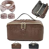 Cuteseason Structured Leather Makeup Bag for Women, Wide Opening Travel Cosmetic Case, Large Capacity Box Style Toiletry Organizer with Brush Compartment(Brown Crocodile Grain)