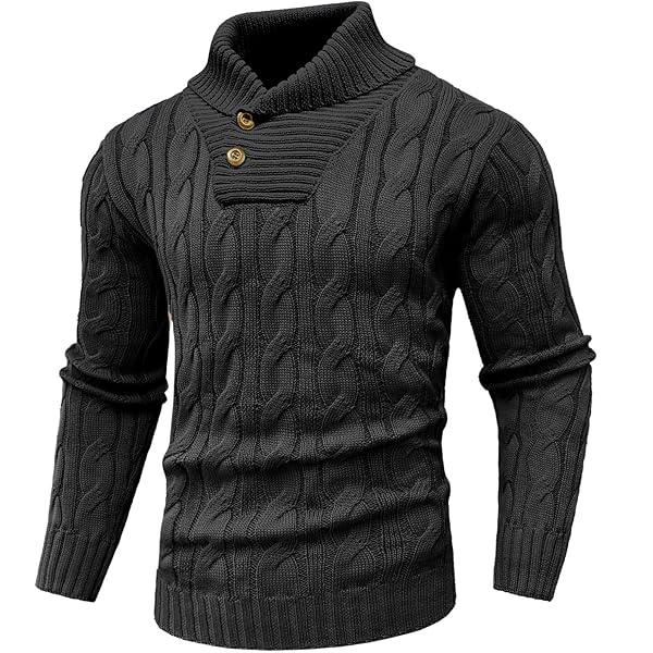SAVKOOV Men's Shawl Collar Pullover Sweater Casual Button Cable