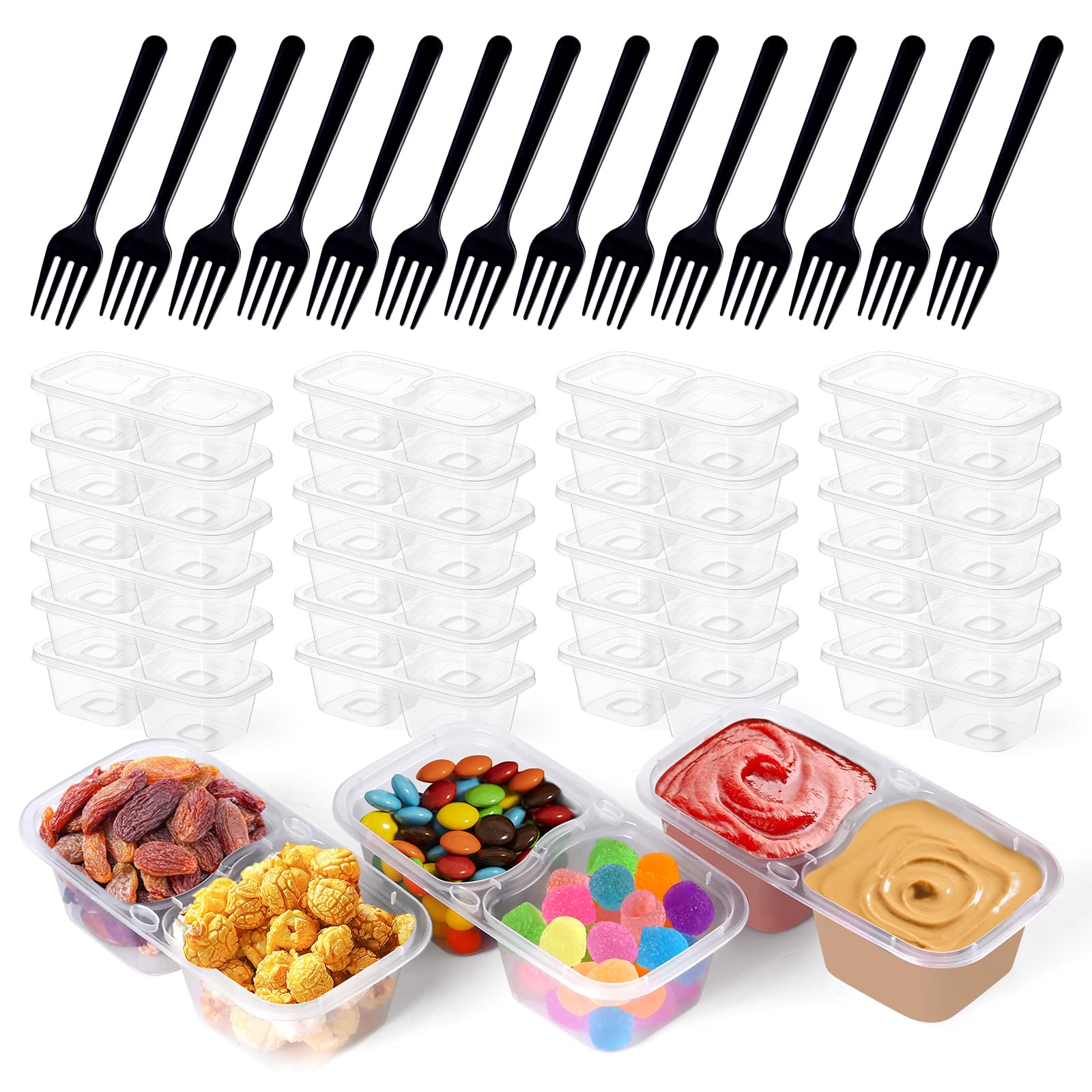Photo 1 of 50 Set Reusable Snack Containers with Lids & Forks, Double Compartment Snack Containers for Kids Adults, Bento Box-Stackable Snack Pack Box Containers, Microwave, Refrigerator, Dishwasher safe (6.7oz)