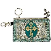 Needzo Rosary Pouch - Prayer Beads Case - Tapestry Keepsake Key Chain Coin Holder with Zipper 4 3/4 Inch Width, Green with Gold