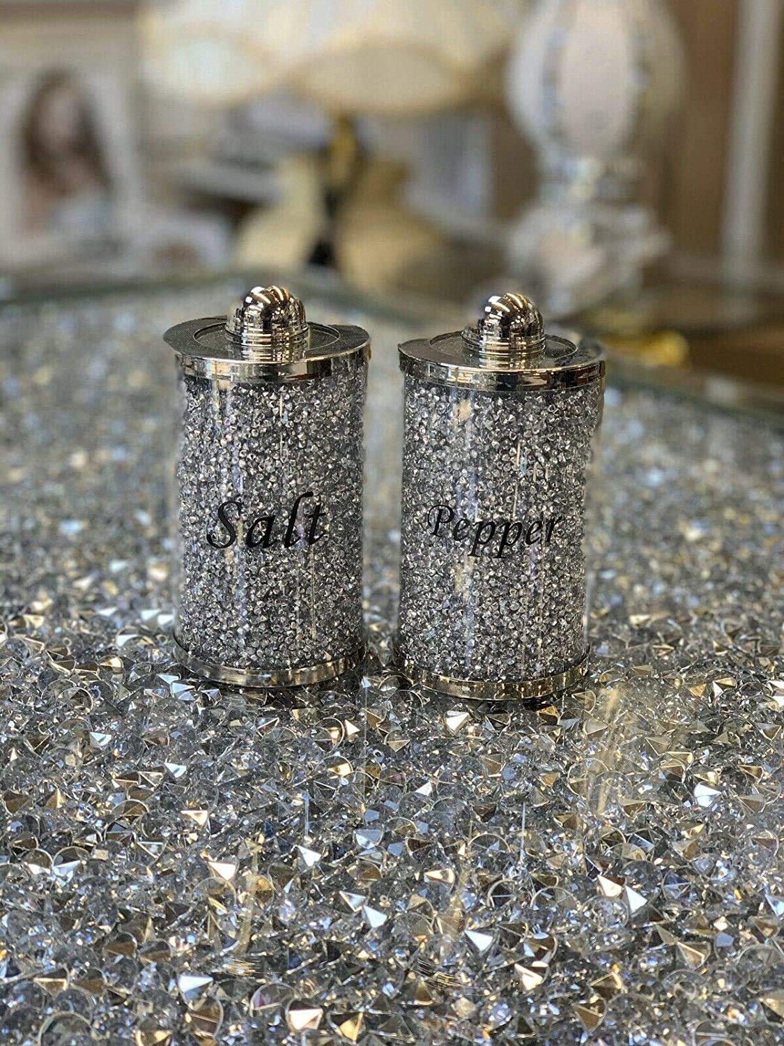 Crushed Diamond Crystal Filled Salt and Pepper Shakers Set – Premium Glass Body & Stainless Steel Top - Twin Salt and Pepper Set- Silver