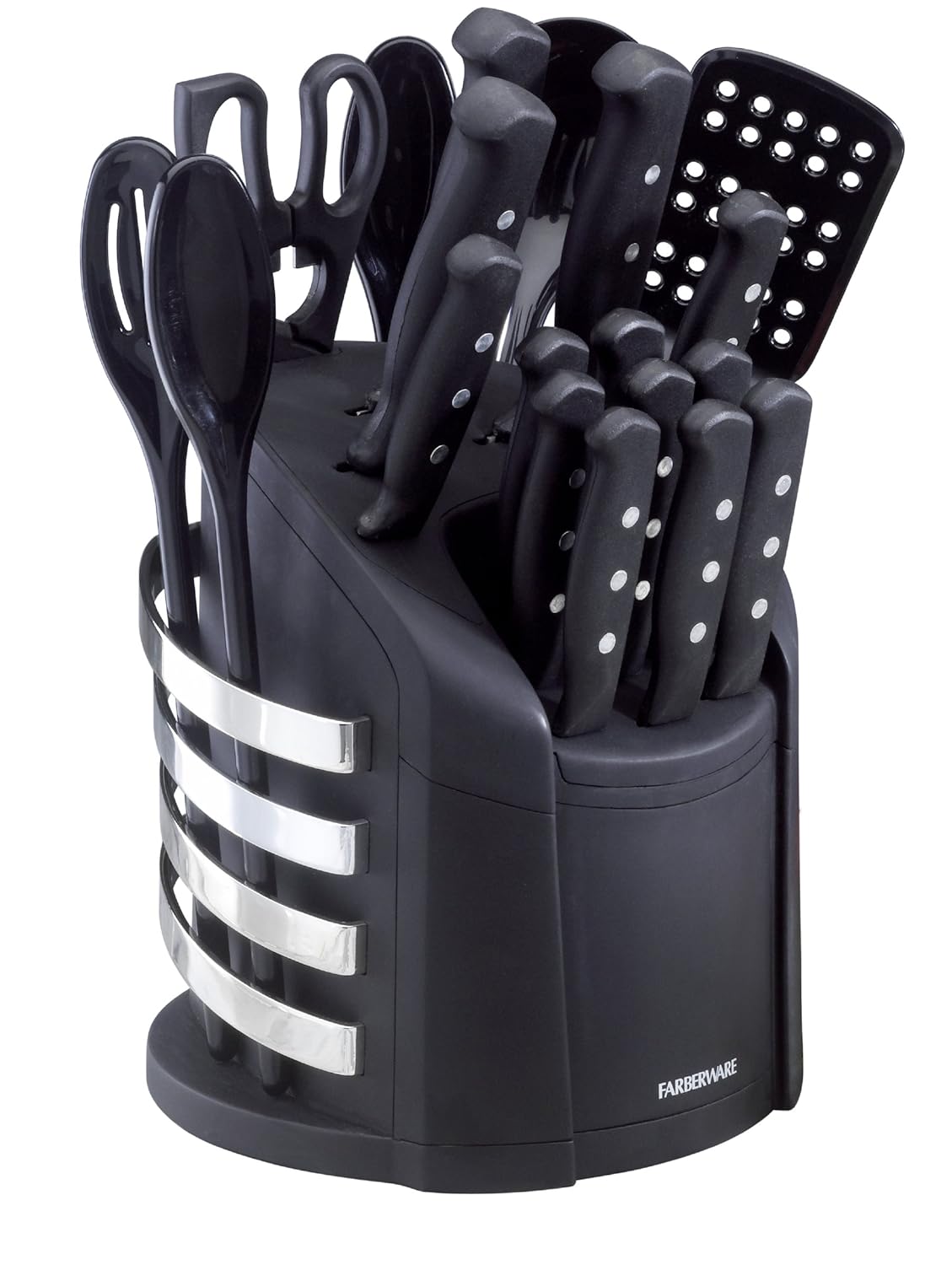 Farberware 5083347 17-Piece Stainless Steel Knife and Kitchen Tool Set with Storage Carousel, Black