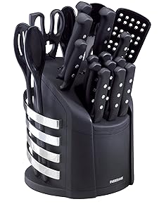 Farberware 5083347 17-Piece Stainless Steel Knife and Kitchen Tool Set with Storage Carousel, Black
