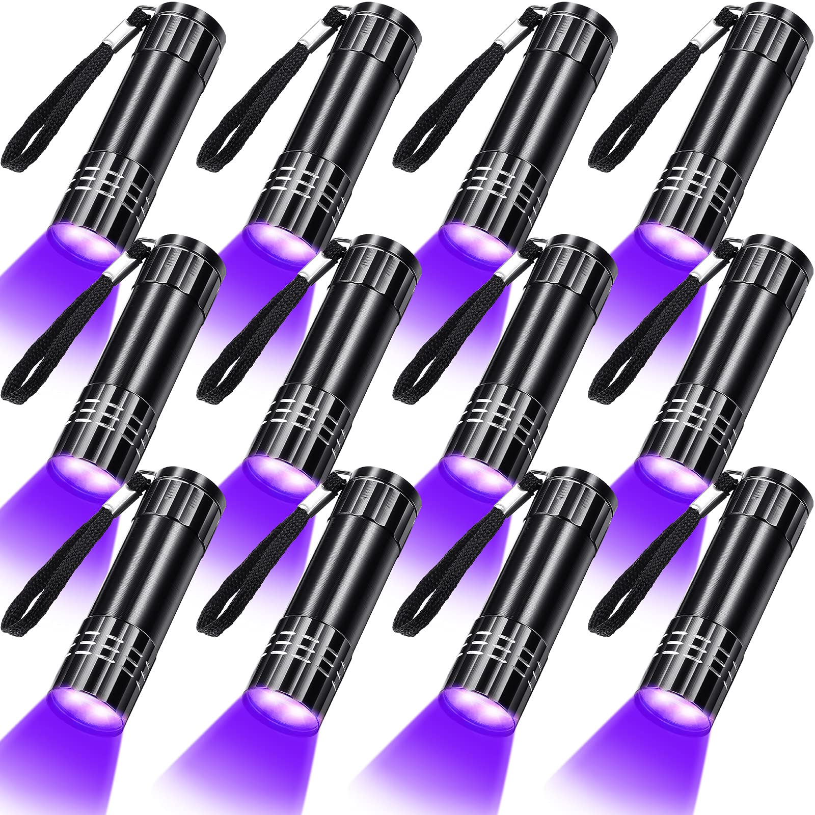 Photo 1 of Riakrum 12 Pieces UV Blacklight Flashlights LED Handheld Mini Light Flashlight Small Portable Detector 395nm 9 LED Light for Pet, Carpet Dry Stains Detection, Spot Scorpions, Resin Curing(Black)