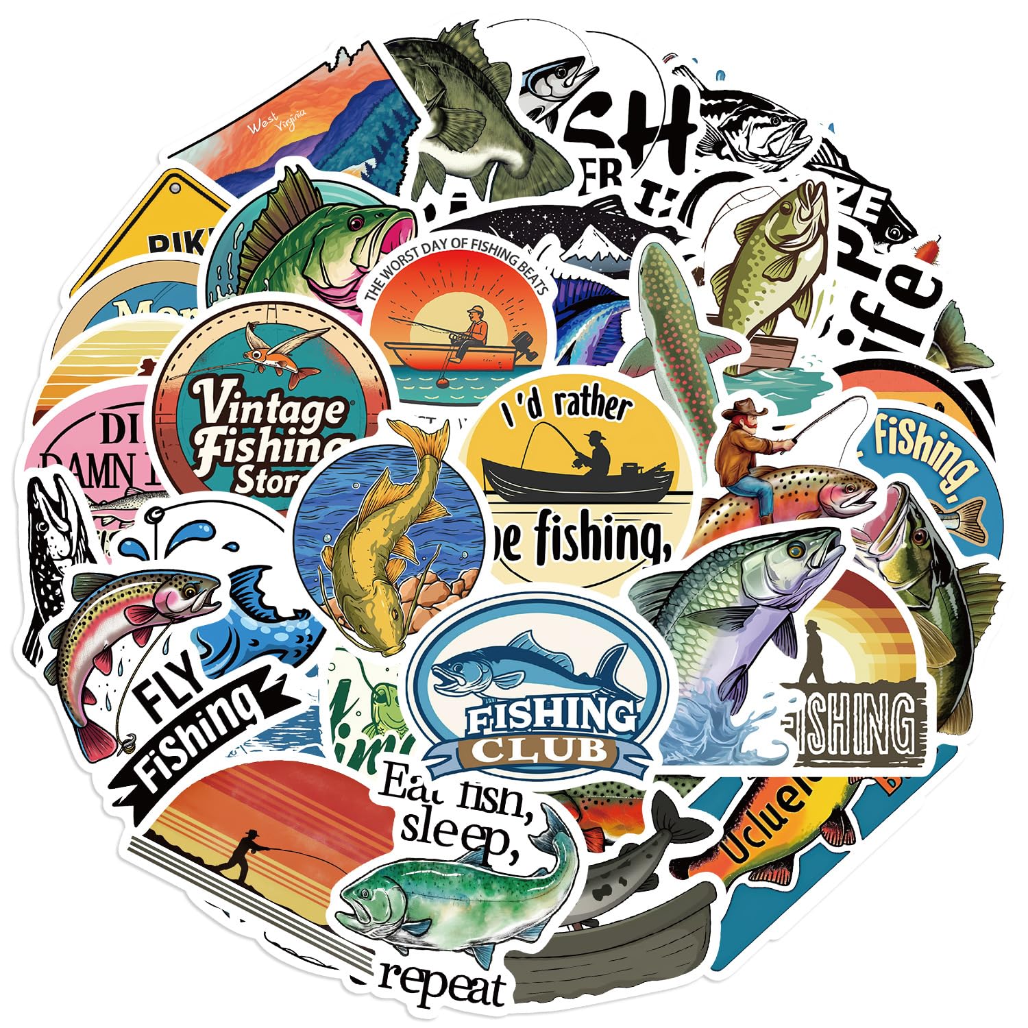 50Pcs Go Fishing Sticker, Cute Fish Stickers for Kids Teens Adults, Vinyl Cartoon Animals Decals Kawaii Outdoor Fishing Sticker for Decor Water Bottles Laptops Guitar Scrapbook