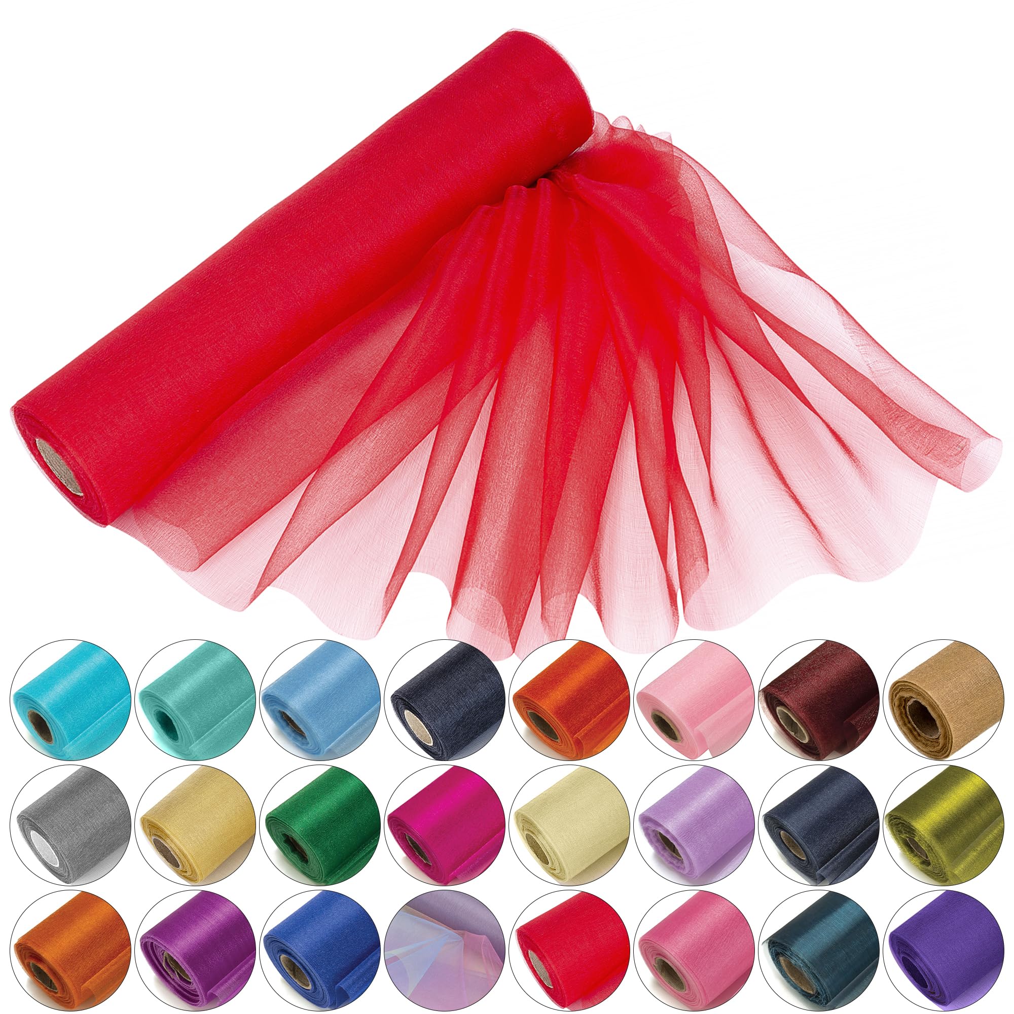 29cm x 25m Roll of Organza Sheer Fabric - Elegant Decorative Cloth for Wedding Chair Bows, Table Runners, Party Favours - Crafting Supplies for Ribbons, Dress Accents,and Bags, Red