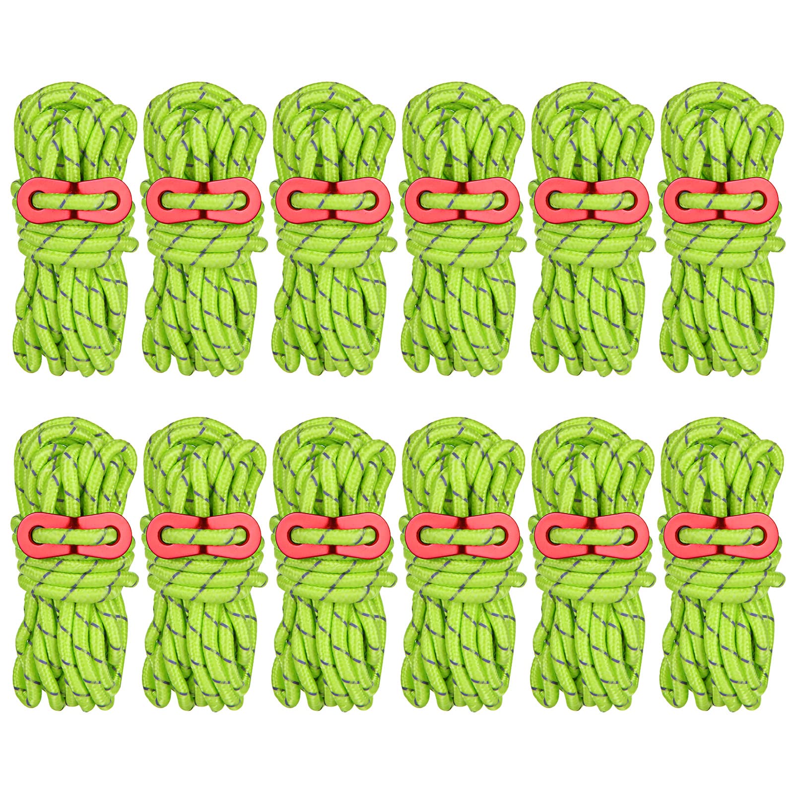 AKOLAFE 12 PCS Tent Guy Ropes, Reflective Green Tent Guide Rope Cord, 4M /13FT Tent Guy Ropes for Outdoor, Heavy Duty Camping Guy Lines, Guide Ropes for Camping, Gazebo, Awning & Tents