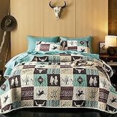 Wake In Cloud - Western Quilt Set, Southwestern Aztec Country Horse Cowboy Rustic Ranch Pattern Printed, Reversible Lightweight Bedspread Coverlet, 3 Pieces, Turquoise Taupe, King Size