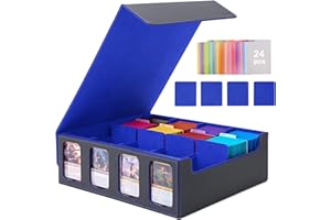 Venssu Card Storage Box for Trading Cards with Card Supporters, 3000+ MTG Deck Box with 24 Colorful Divider Tabs, Trading Card Storage with Viewing Windows Fits for Magic Game(Black and Blue)