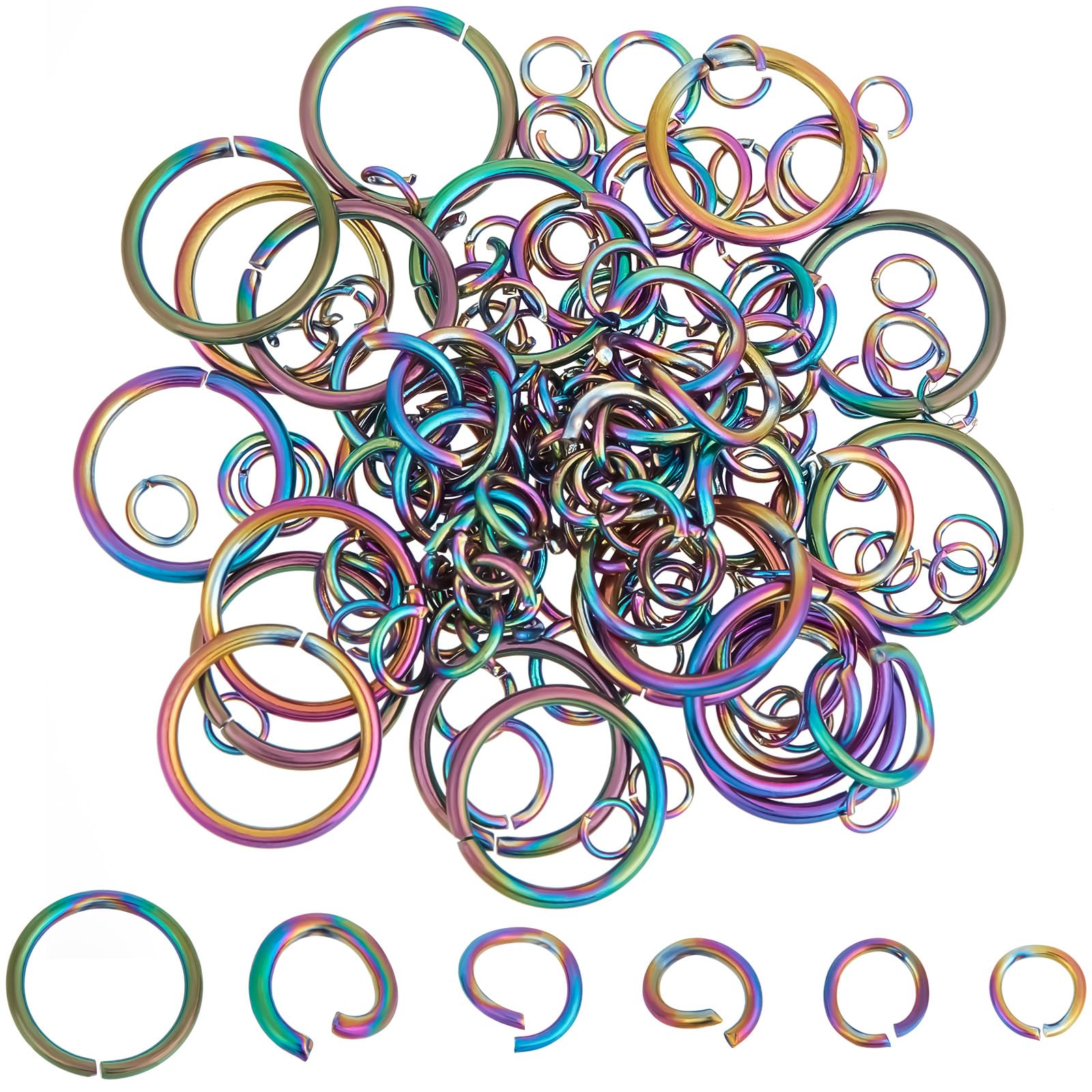 Beebeecraft 1 Box 160Pcs 6 Sizes Open Jump Rings Stainless Steel Rainbow Color Round Ring for Jewellery Making Necklace Keychains Connector