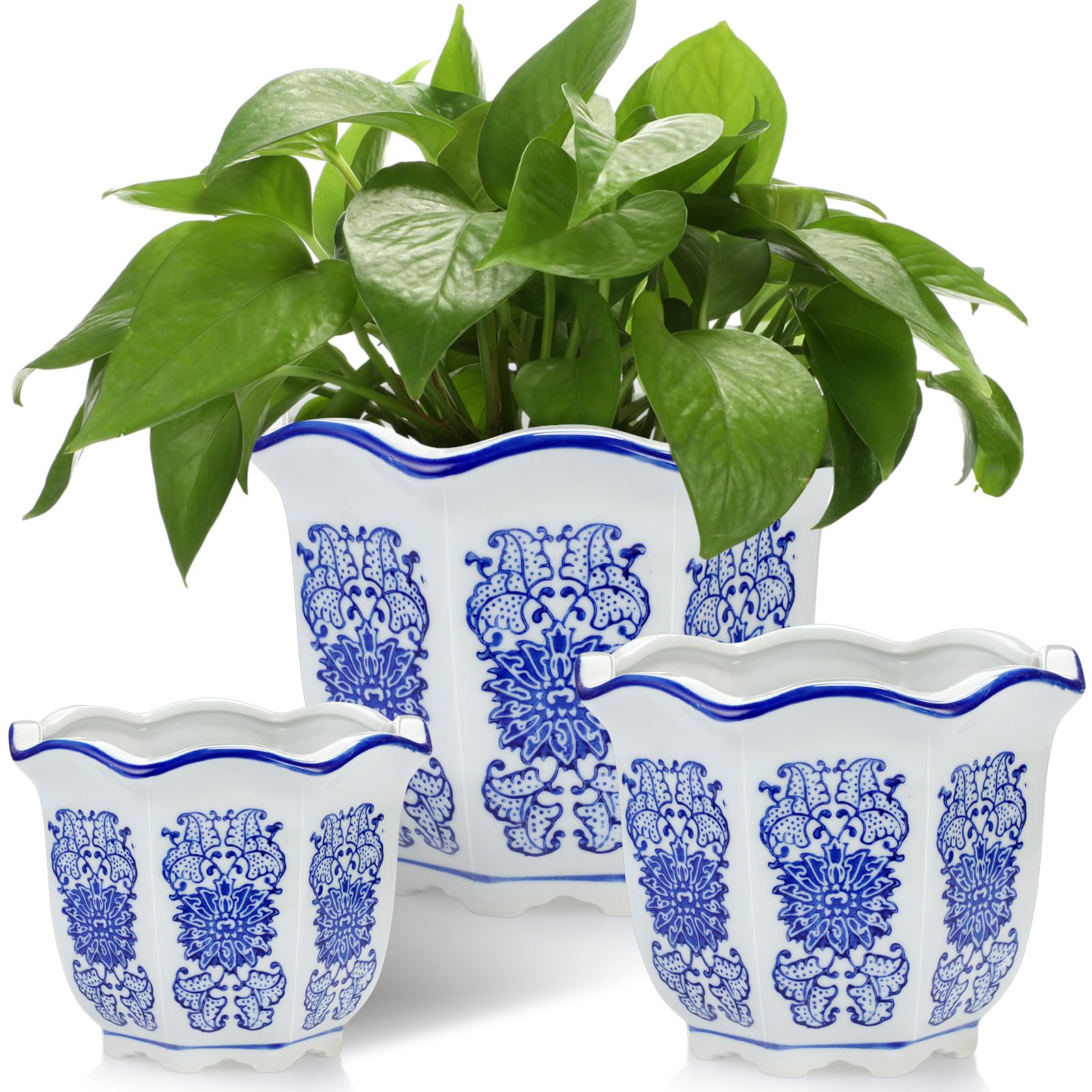 Briwooody Set of 3 Blue and White Porcelain Flower Pots 7.2'' 6'' 4 ...