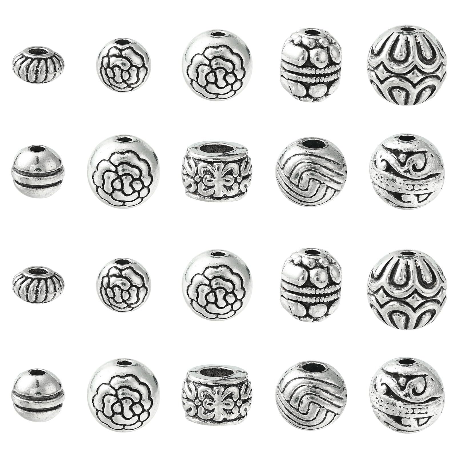 Stiesy 50Pcs 10 Styles Vintage European Spacer Beads Tibetan Silver Round Beads Antique Rondelle Beads Bulk for Bracelet Jewellery Making Crafting DIY Gifts — image 1