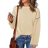 Dokotoo Sweaters for Women Fashion Solid Crewneck Loose Fit Long Sleeve Contrast Cable Knit Pullover Sweater Jumper Tops