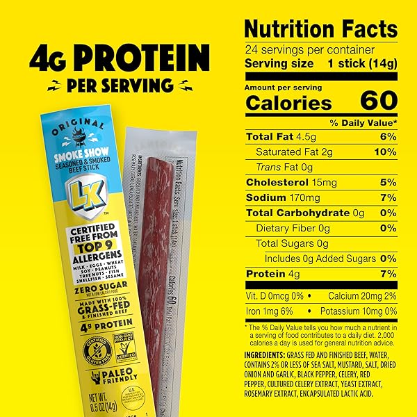 LORISSA’S KITCHEN BEEF JERKY MINI STICKS, PREMIUM GRASS FED & FINISHED, ORIGINAL SMOKE SHOW FLAVOR – 4G PROTEIN, ON THE GO SNACKS, FREE FROM TOP 9 ALLERGENS, NON-GMO, GLUTEN-FREE, 0.5 OZ (24 COUNT)