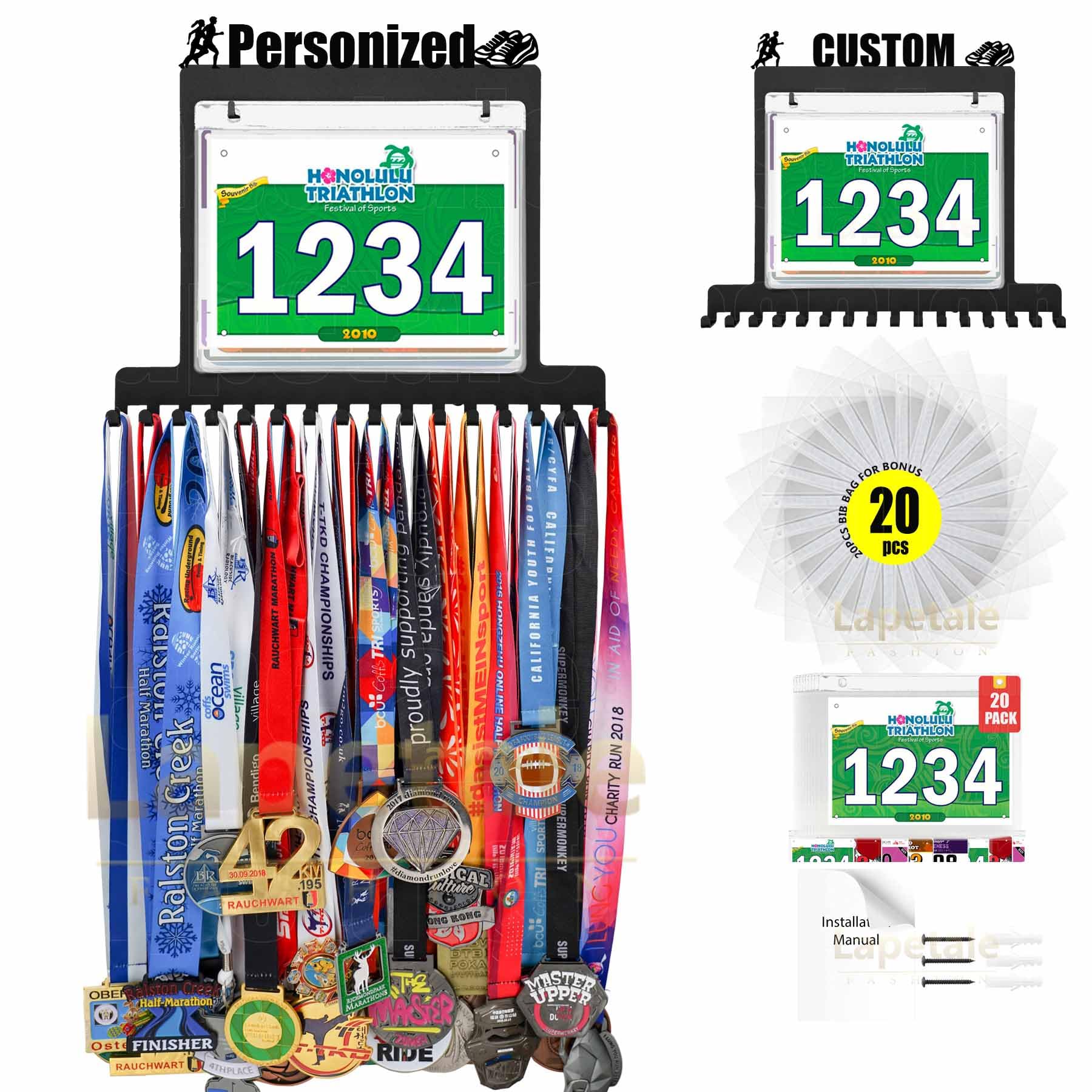 Lapetale Fashion Custom Race Bib and Medal Display,Personized Marathon Medal Display and Runner Medal Hanger Display,Bib Running Medal Display, Running Medal Hanger Display,Medal Holder for Wall Image