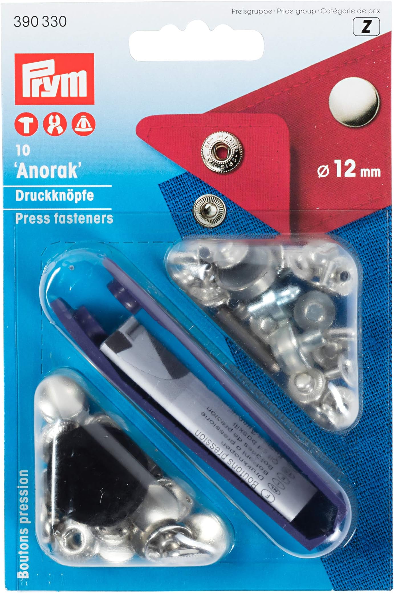 Prym390330 Press fasteners 'Anorak' Size 12mm silver-coloured, 10 pieces