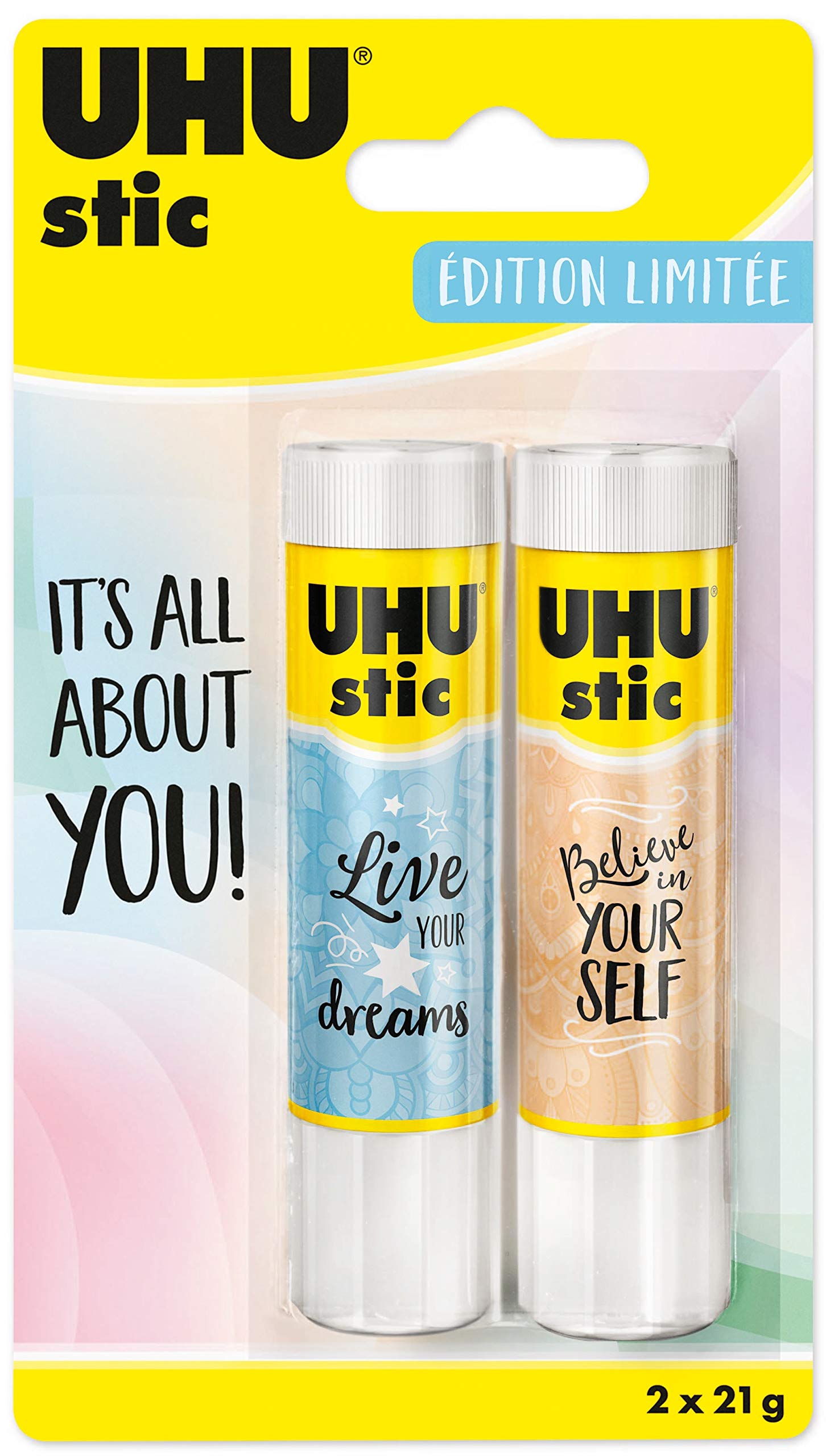UHU Stic Solvent Glue Sticks, 21g, Pack of 2, White Glue, Pastel Limited Edition