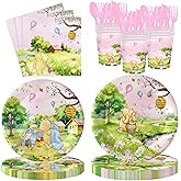 140 Pcs Bear Birthday Decorations Birthday Party Tableware with Plates, Napkin, Forks, Cups Serves 20 (Pink)