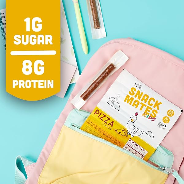 SNACK MATES BY THE NEW PRIMAL, CHICKEN PIZZA MEAT STICK, ALL NATURAL CHICKEN, HIGH PROTEIN AND LOW SUGAR KIDS SNACK, CERTIFIED PALEO, CERTIFIED GLUTEN FREE, LUNCHBOX FRIENDLY, 0.5 OZ, PACK OF 5