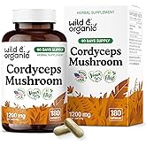Wild & Organic Cordyceps Capsules 1200 mg - Immune Support - Cordyceps Mushroom Powder Supplement - Pure Mycelium Extract - Vegan, No Fillers, Non-GMO - 180 Count