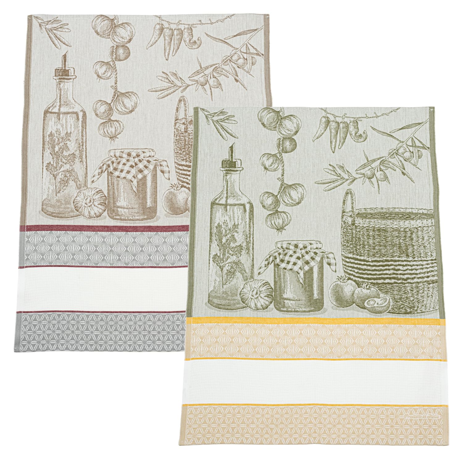 Filet - Set of 2 Jacquard Tea Towels for Kitchen with Aida Insert 55 Holes to Embroider, Ideal for Drying Dinnerware, Made in Italy, Olive Design, Green and Rope