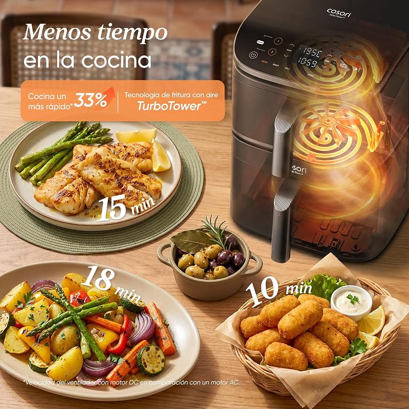 Fritadeira Cosori Turbo Tower 10.8L, Cesta Dupla True Inox, economia de espaço, alta potência de 2630W e mais rápida, 6 funções, refeições sempre equilibradas, cozimento ilimitado, fácil de limpar