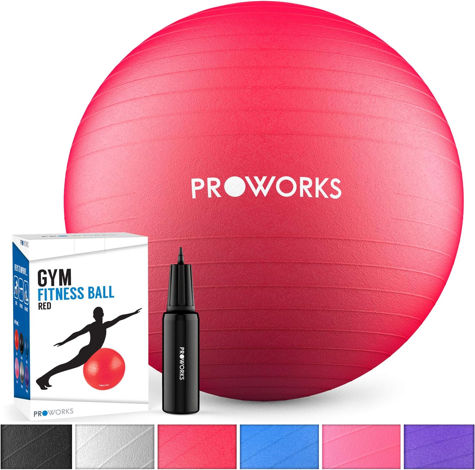 Proworks Exercise Ball, 55-85cm Anti-Burst Gym Ball with Pump, Swiss Ball for Yoga, Pilates, Pregnancy & Fitness - Available in 6 Colours