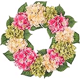 Briful 20'' Spring Hydrangea Wreath for Front Door, Colorful Artificial Floral Summer Wreaths for Home Farmhouse Indoor Windows Fireplace Mantle Decor
