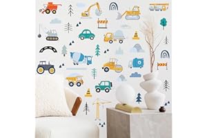PARTYGARDEN Construction Wall Stickers - 6 Sheets 90 Pcs Construction Themed Trucks Excavator Crane Wall Decals Peel and Stick Wall Decors for Kids Baby Bedroom Boys Room Nursery Playroom