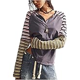 Floerns Women's Colorful Striped Raglan Long Sleeve Notch V Neck T Shirt Going Out Tops